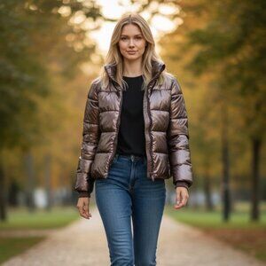 Carre Noir Metallic Puffer Jacket Medium Gunmetal Grey Dark Gray Shiny Coat